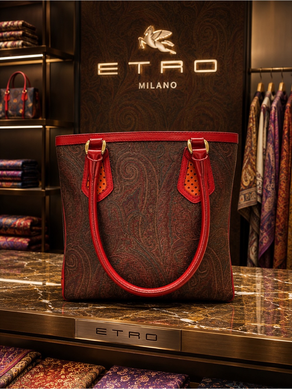 Etro Vintage Paisley Tote with Red/orange Leather Trim with original Dust Bag